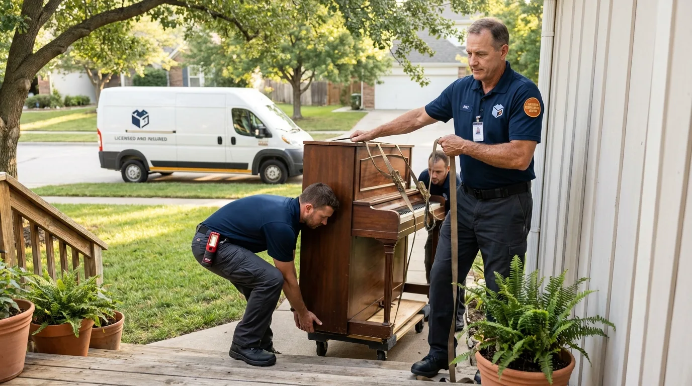 Licensed piano movers securing grand piano in Glencoe, MN