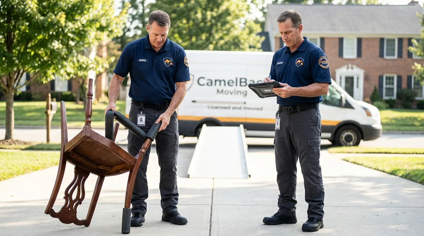 Movers inspecting furniture for damage prevention before loading in Glencoe, MN